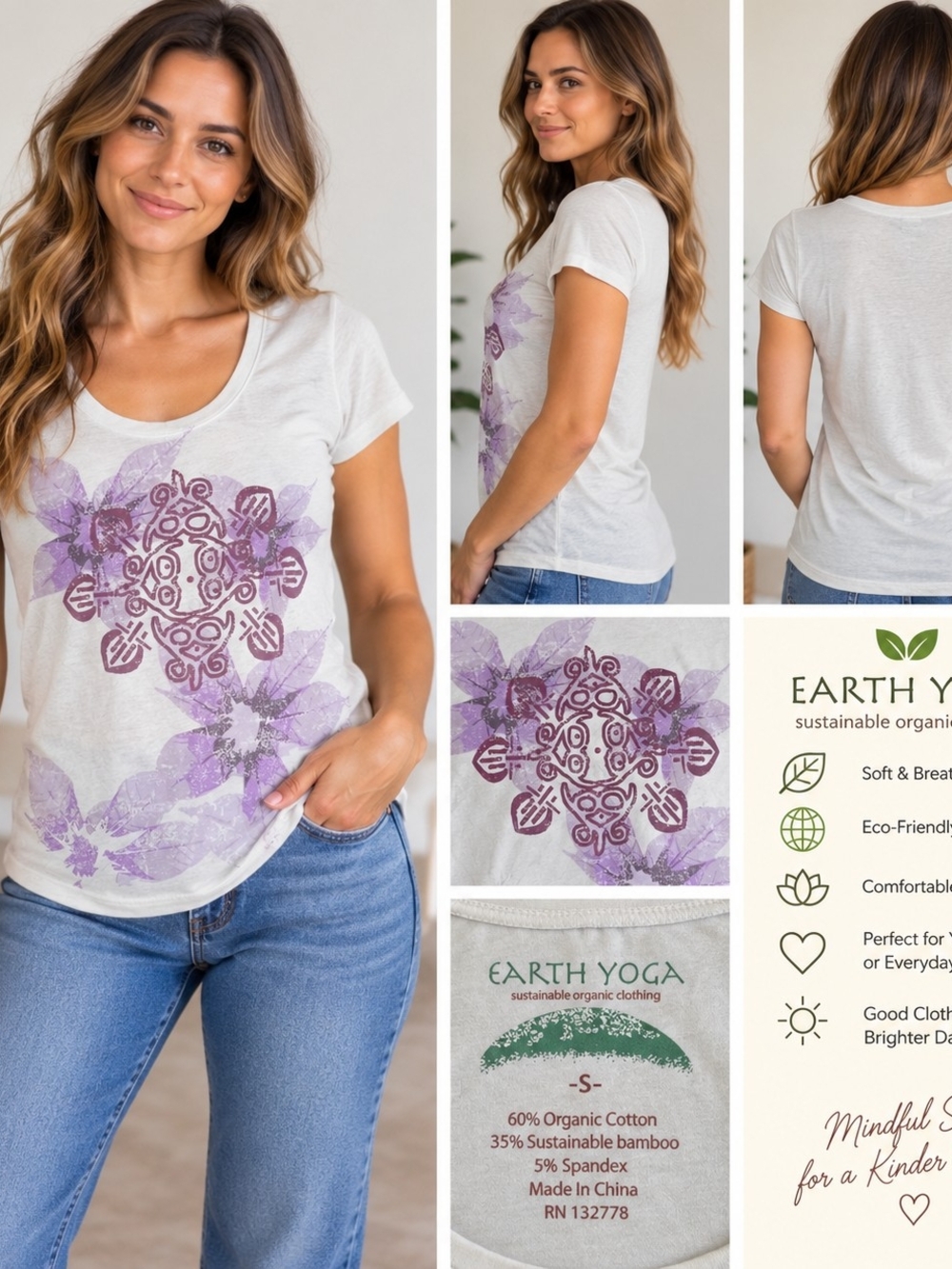 Earth Yoga Cream Scoop Neck Tee with Purple Floral Mandala